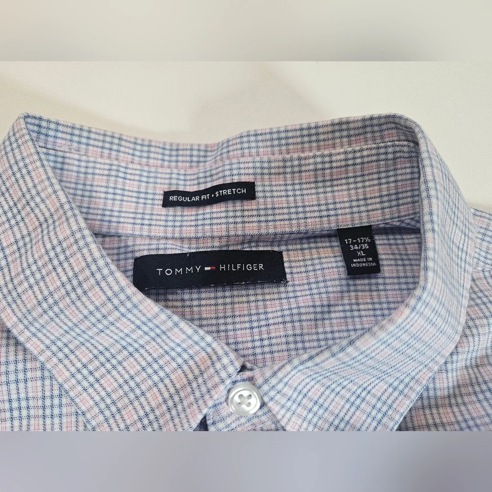 Tommy Hilfiger Dress Shirt Mens XL Pink Blue Regular‎ Fit Stretch Office Career
